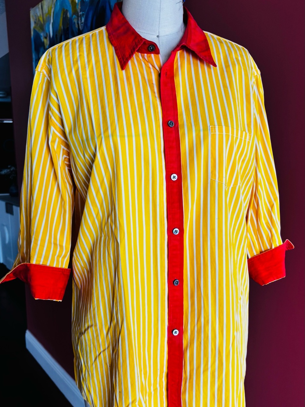 Faconnable Yellow and White Striped Button-Down Shirt with Red Contrast Accents